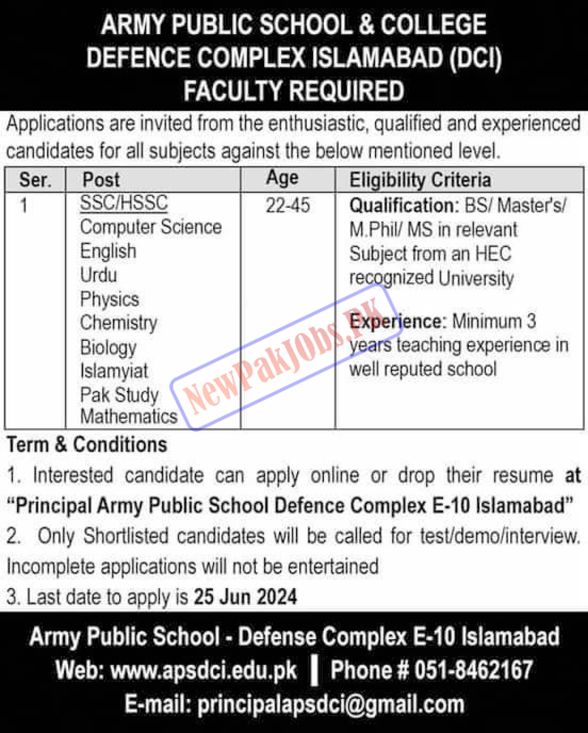 Army Public School APS Defence Complex Islamabad (DCI) Jobs 2024