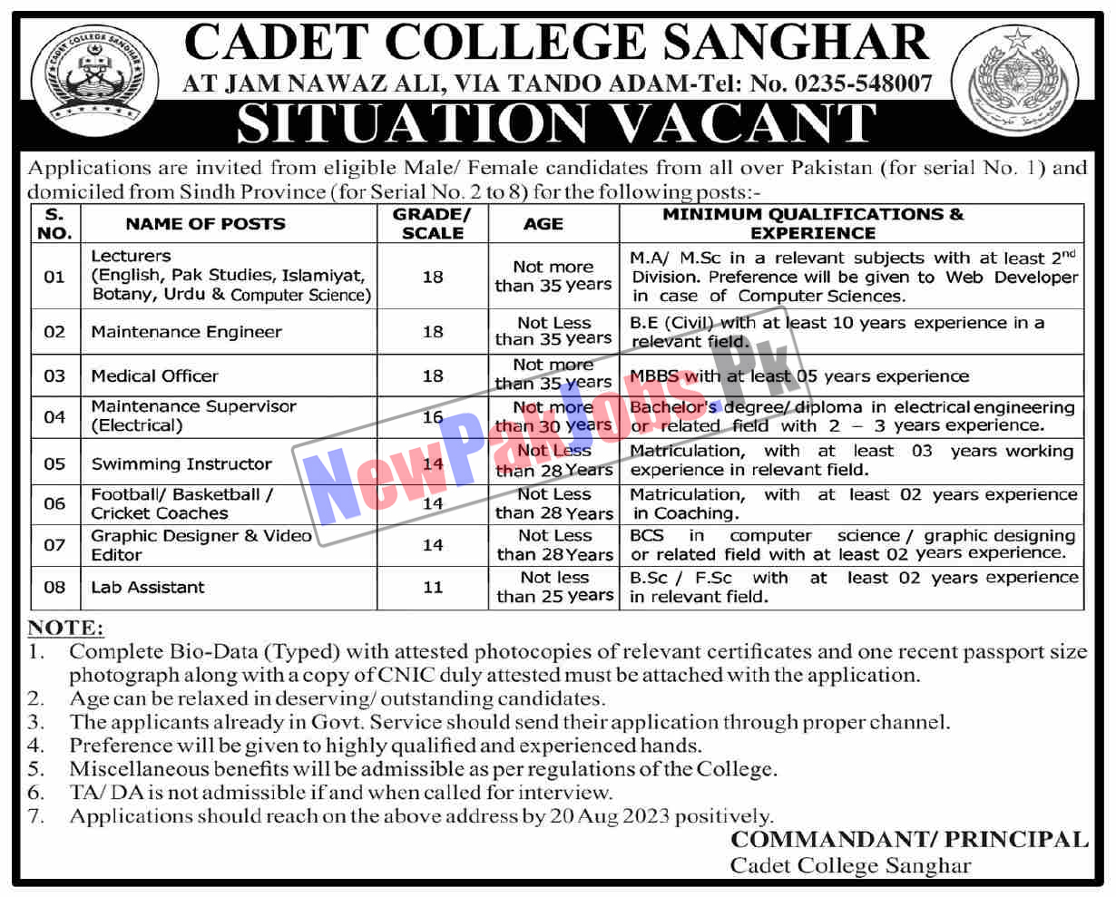 Cadet College Sanghar Jobs 2023