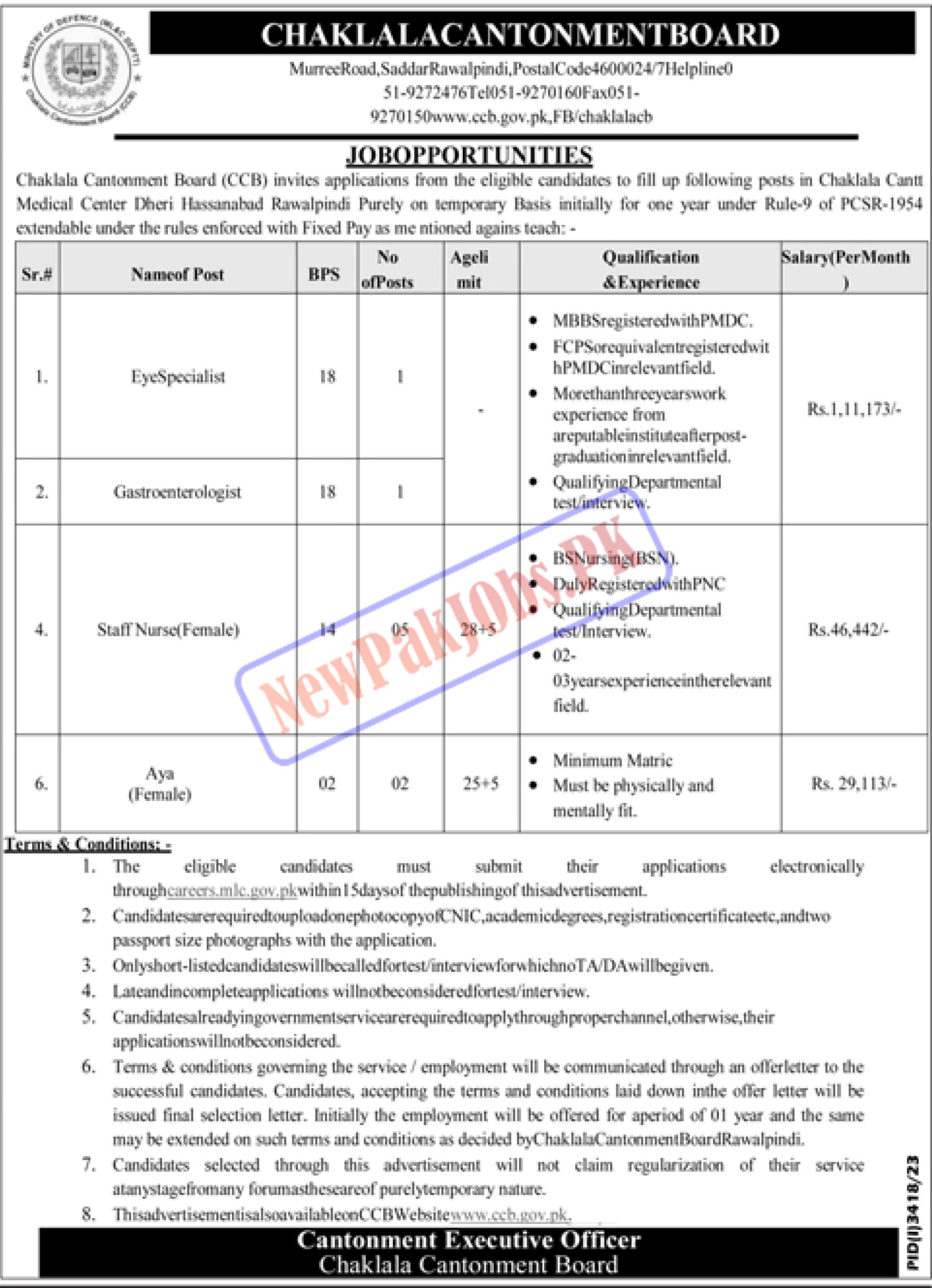 Chaklala Cantonment Board CCB Jobs 2023 Online Apply