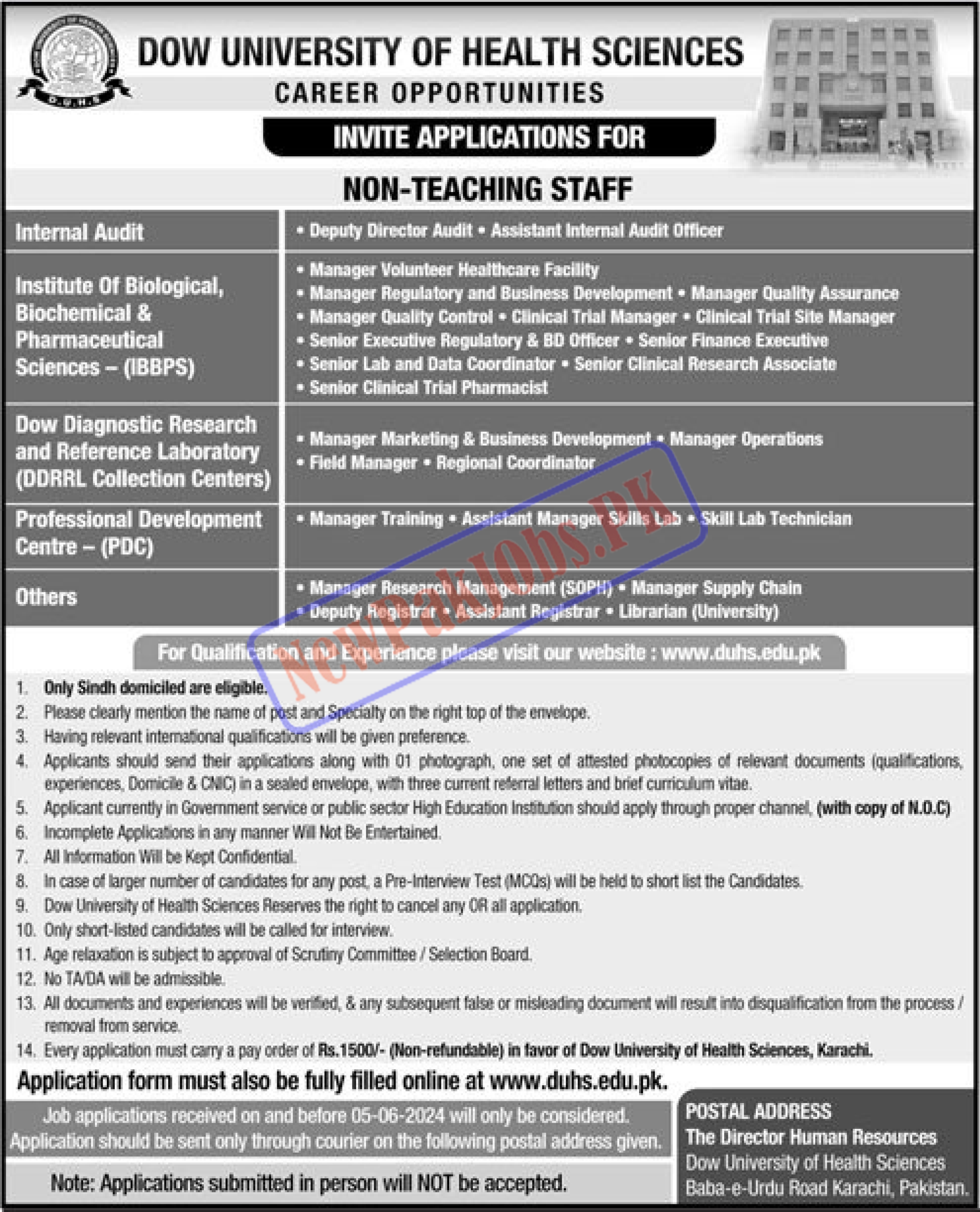 Dow University of Health Sciences DUHS Jobs 2024 - www.duhs.edu.pk