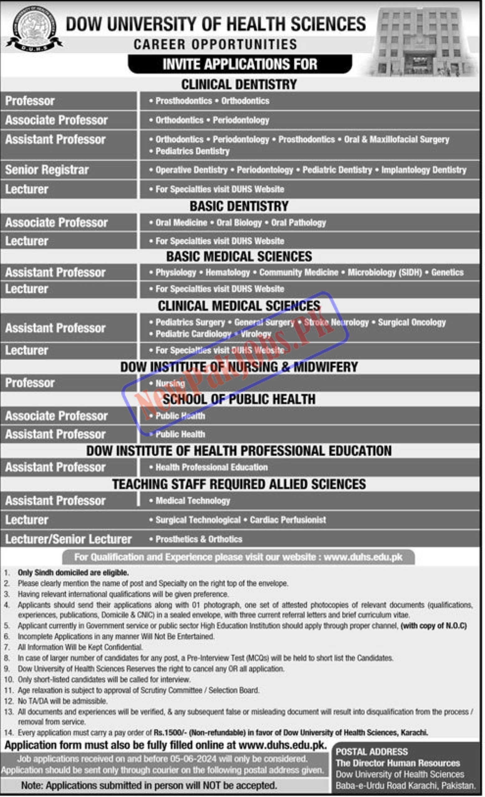 Dow University of Health Sciences DUHS Jobs May 2024