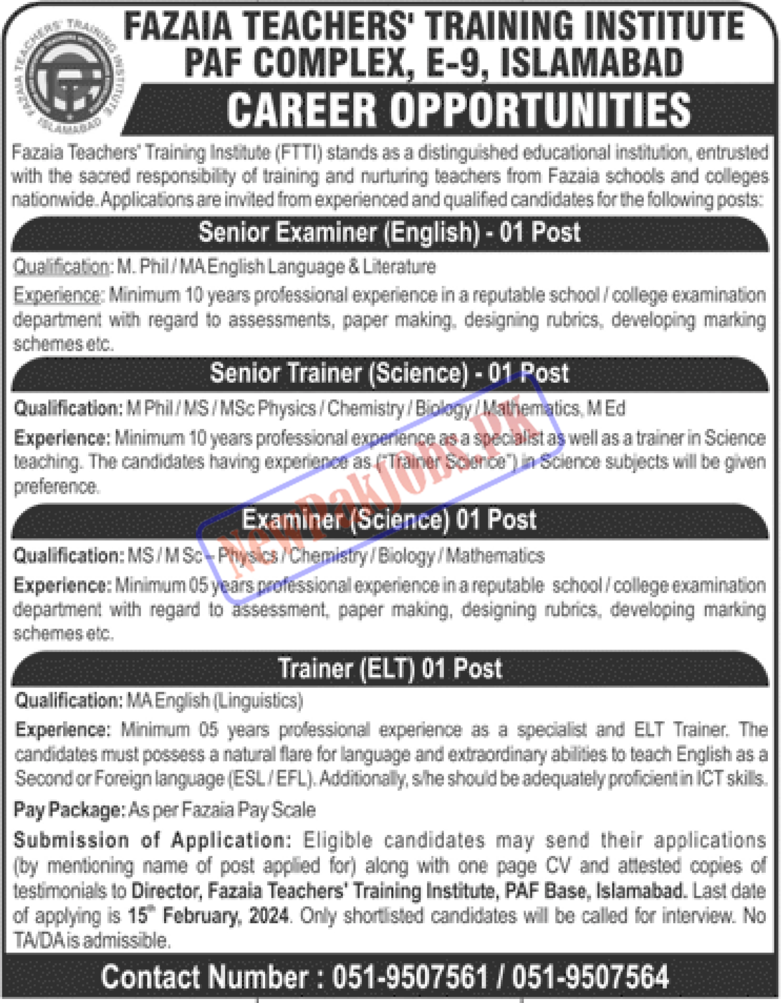 Fazaia Teachers Training Institute PAF Complex Islamabad Jobs 2024