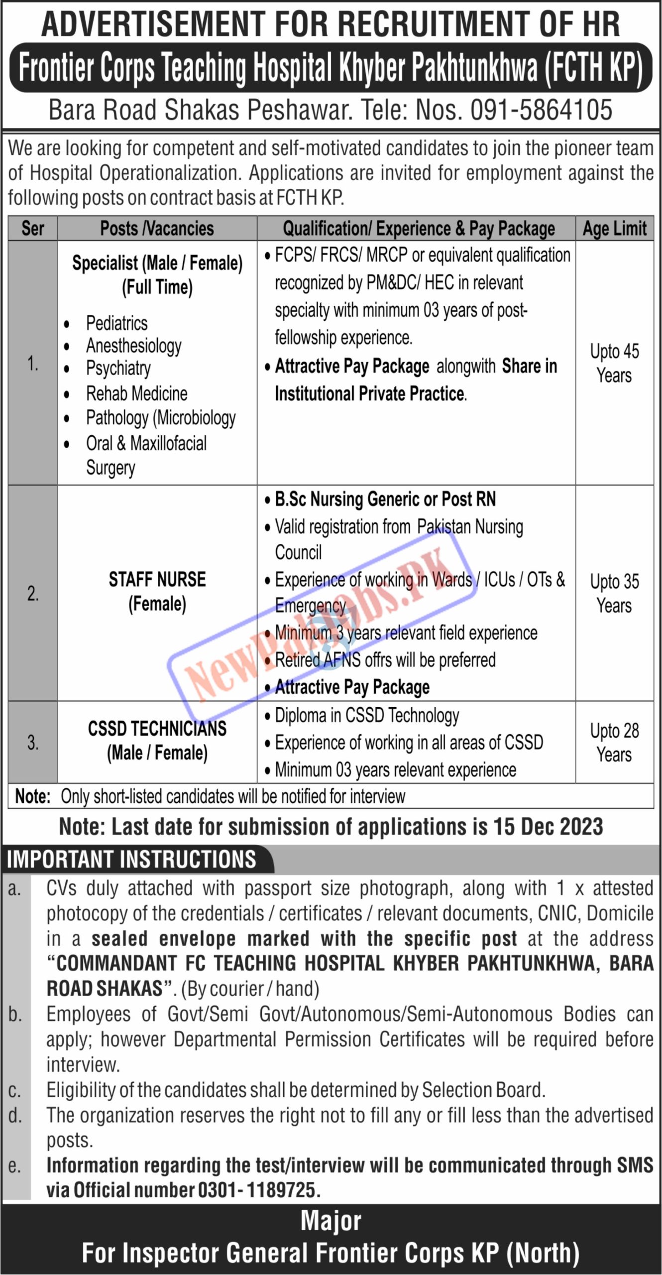 Frontier Corps (FC) Teaching Hospital FCTH Peshawar Jobs December 2023