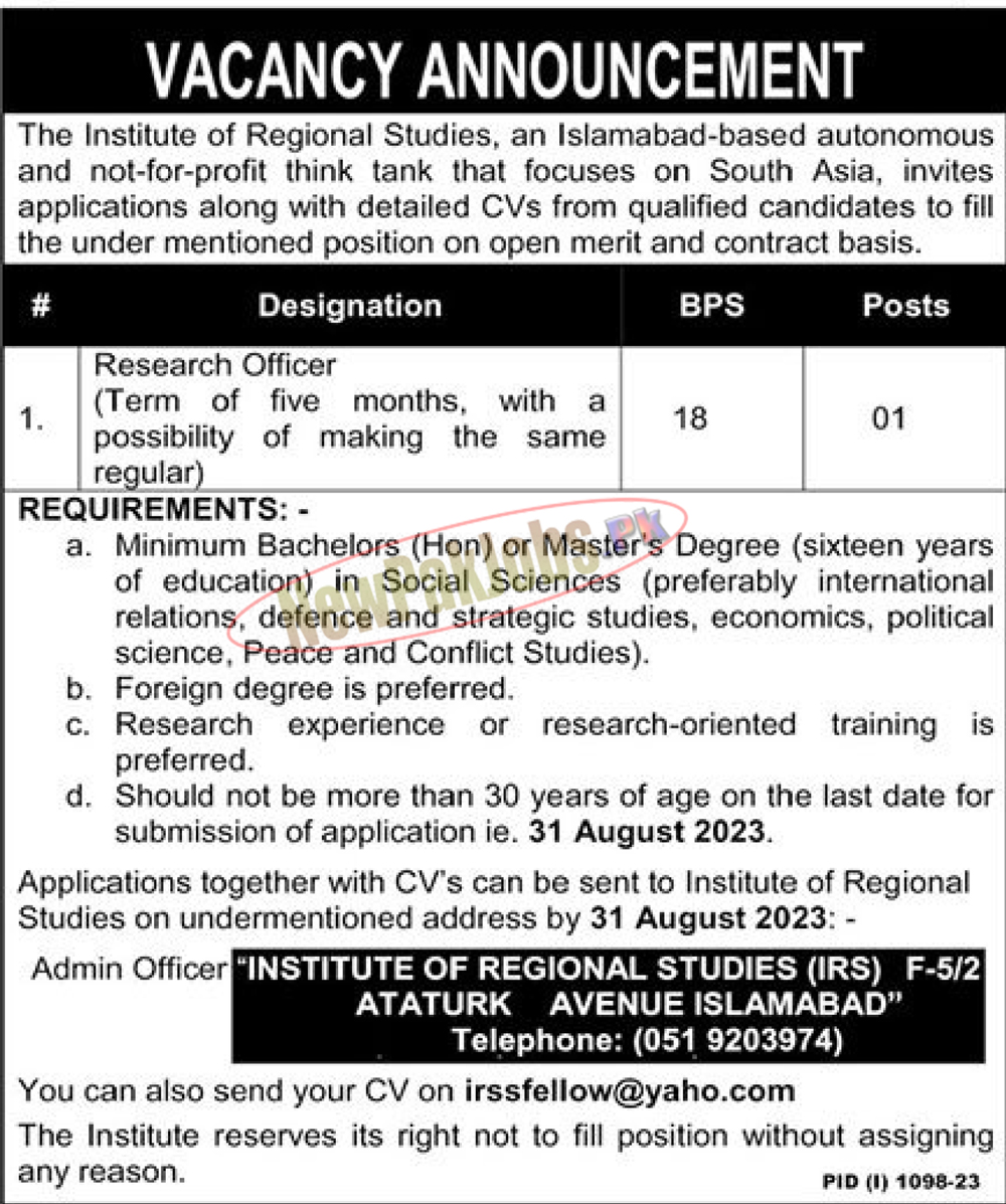 Institute of Regional Studies IRS Islamabad Jobs 2023 Latest Jobs