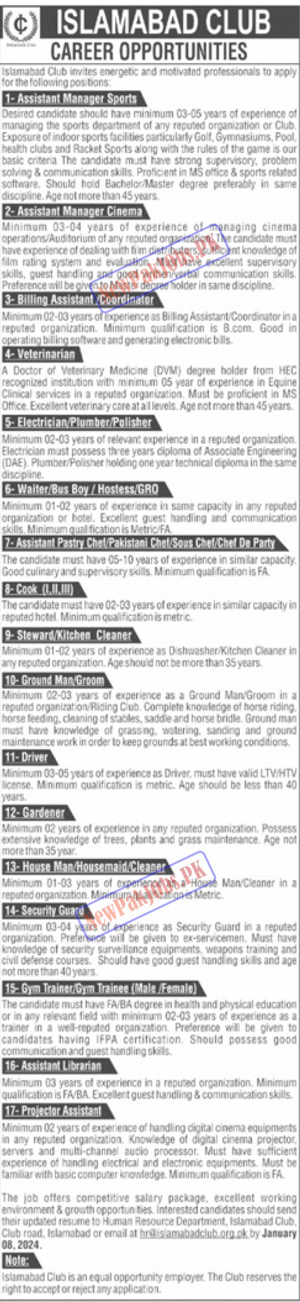 Islamabad Club IC Jobs 2024 Apply Online via Email