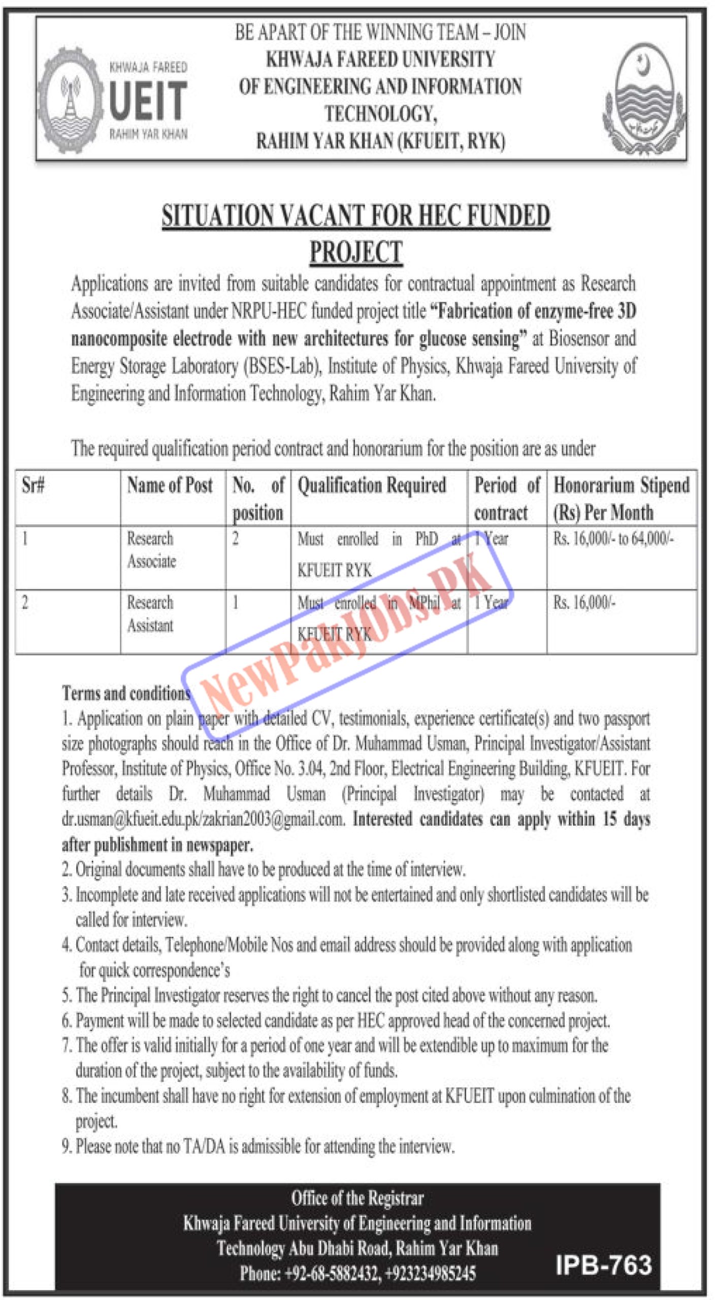 Khwaja Fareed UEIT Rahim Yar Khan Jobs 2023 KFUEIT Jobs Criteria