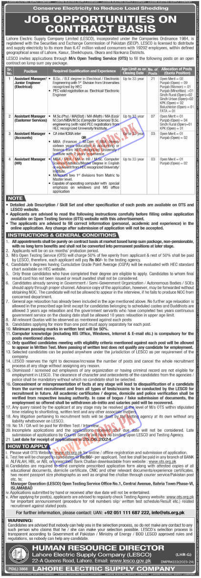 Lahore Electric Supply Company LESCO Jobs 2024