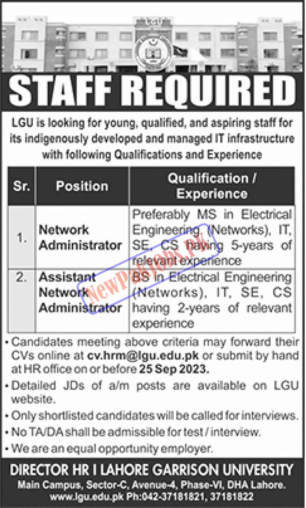 Lahore Garrison University LGU Jobs 2023 Check Eligibility Criteria