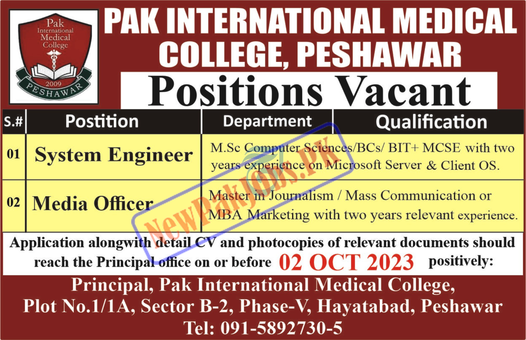 Pak International Medical College Peshawar Jobs September 2023