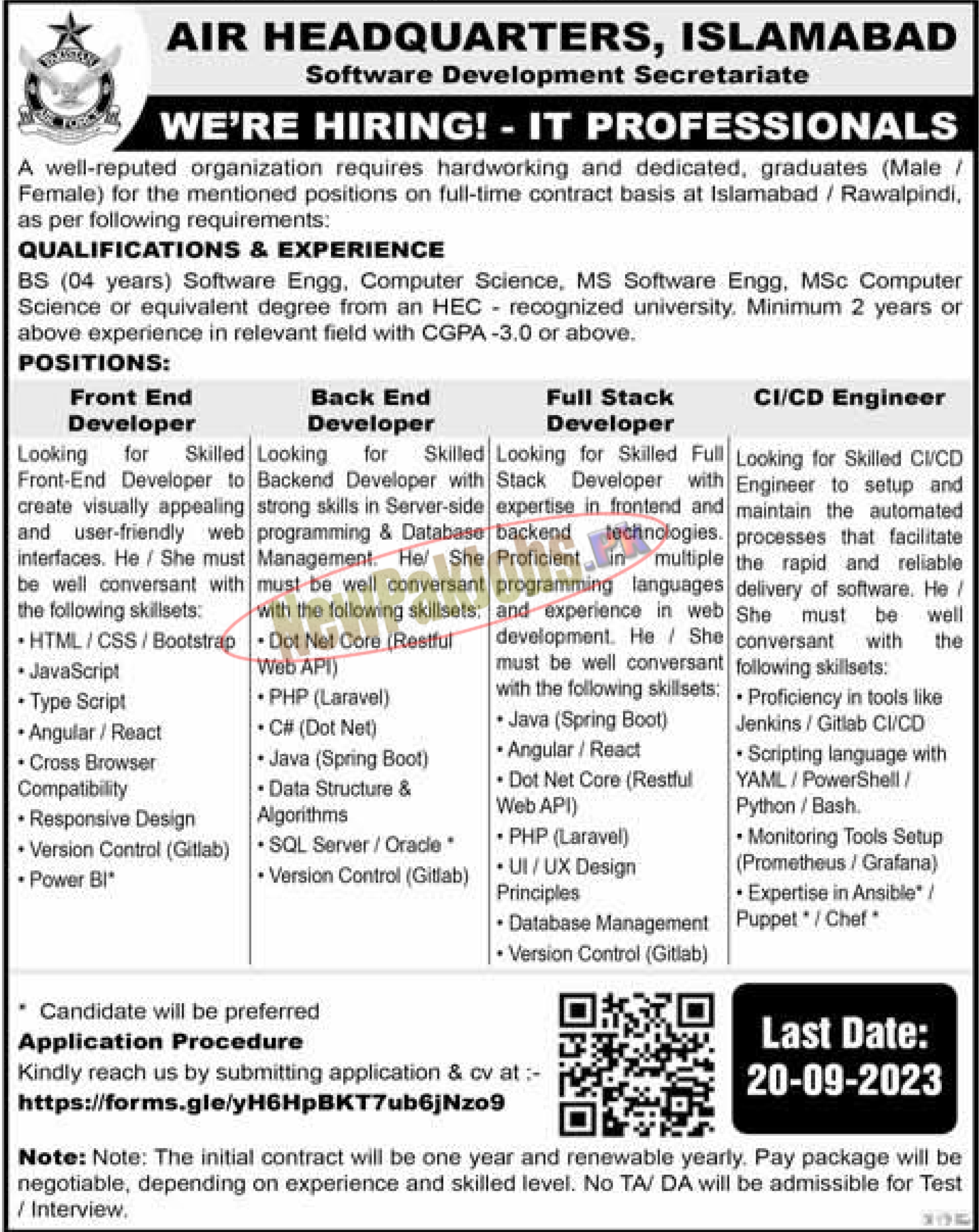 Pakistan Air Force PAF Jobs 2023 at Air Headquarters Islamabad