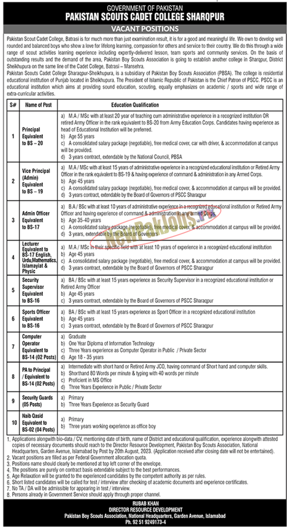 Pakistan Scouts Cadet College Sharqpur Jobs 2023