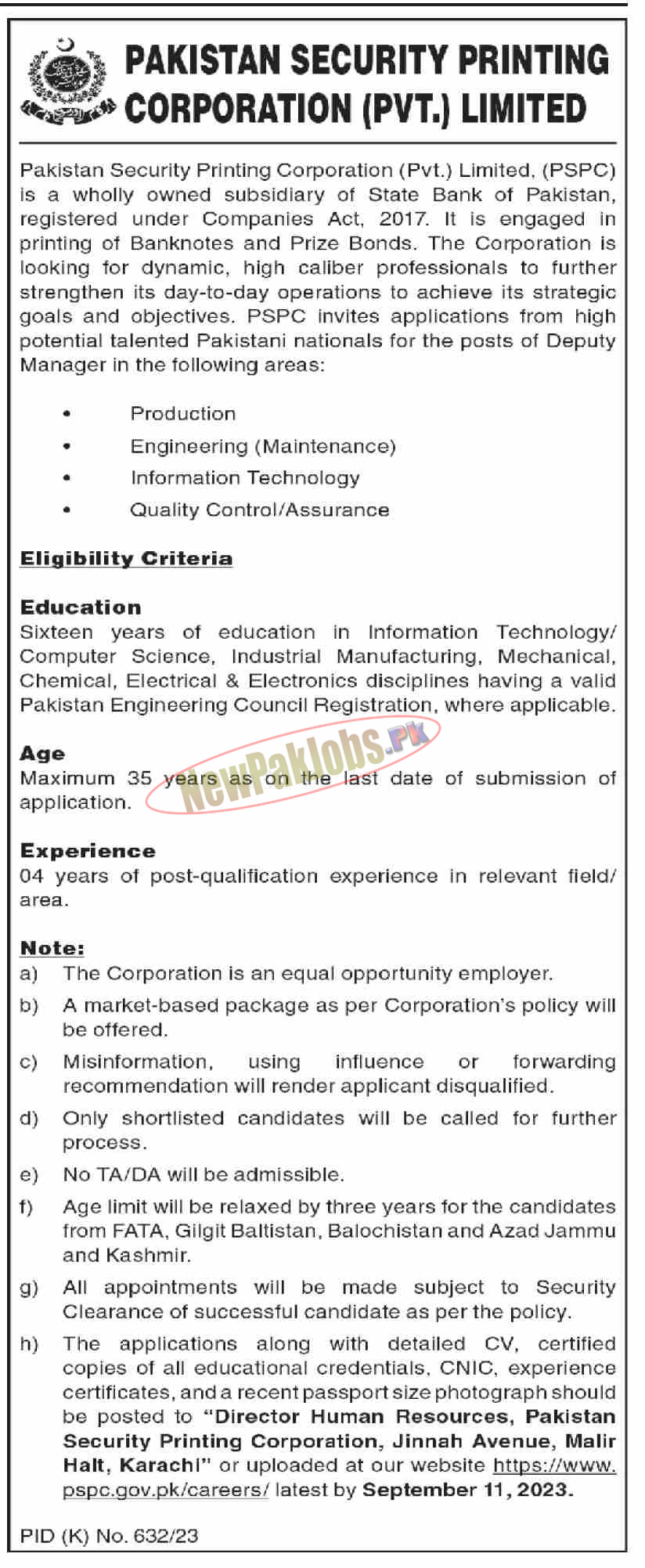 Pakistan Security Printing Corporation PSPC Jobs