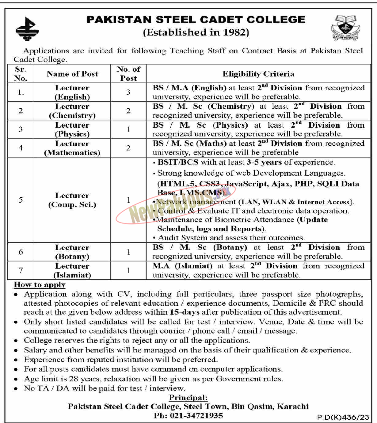 Pakistan Steel Cadet College Jobs 2023