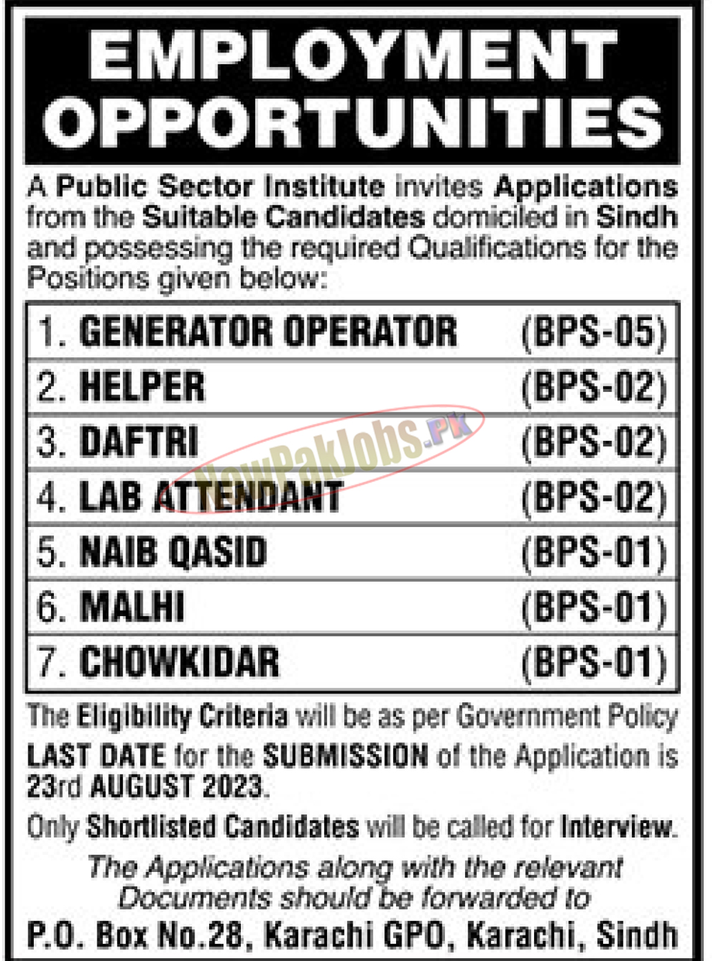 Public Sector Institute PO Box 28 GPO Karachi Jobs 2023