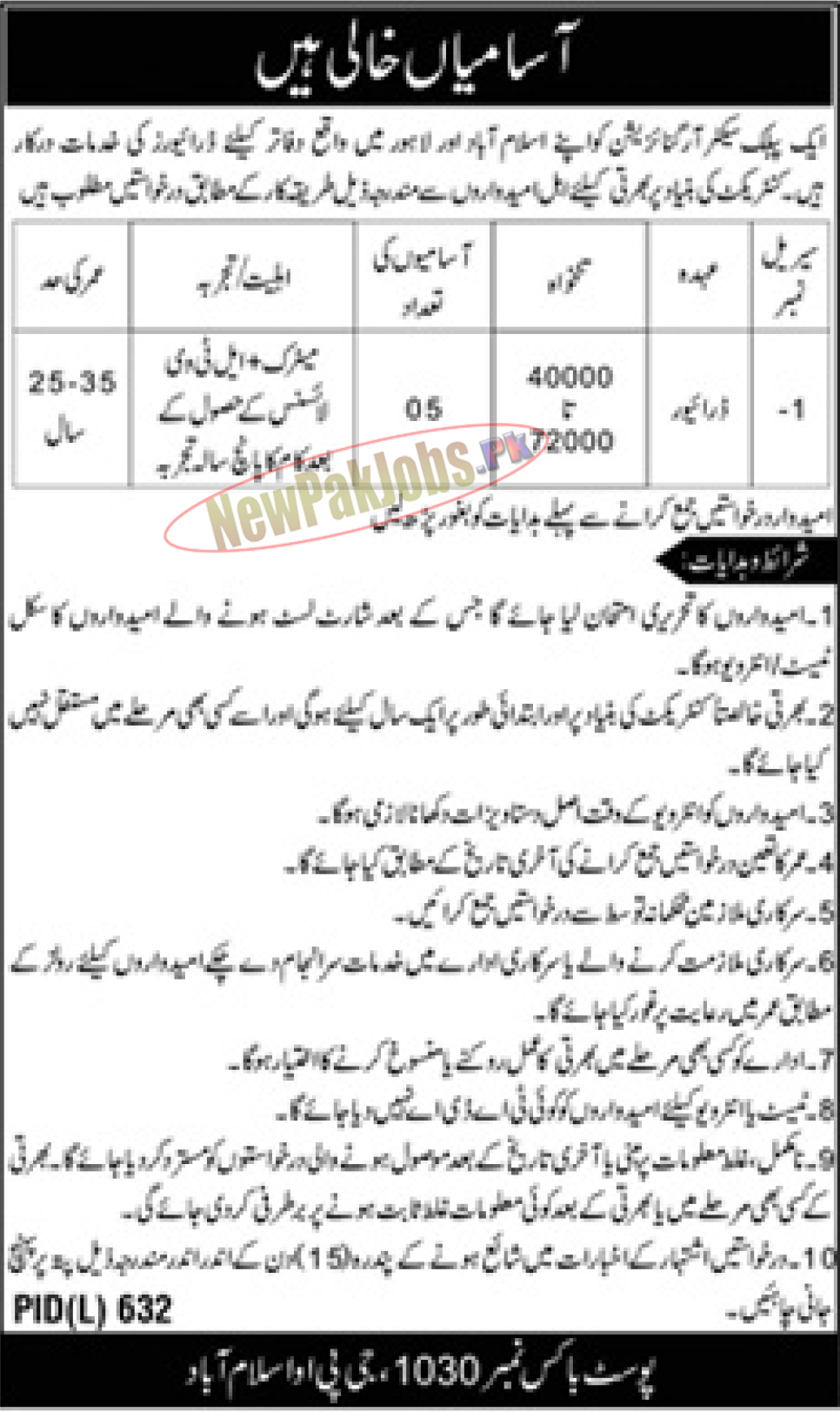 Public Sector Organization PO Box 1030 Islamabad Jobs 2023