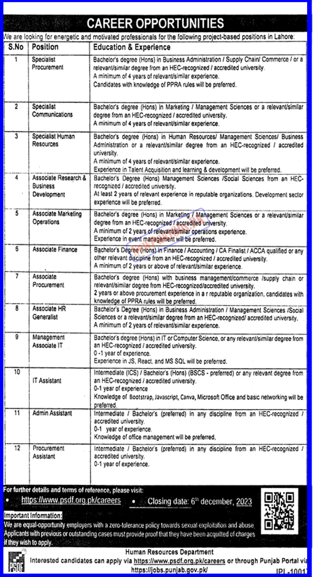 Punjab Skills Development Fund PSDF Jobs 2023 www.psdf.org.pk Jobs Online Apply