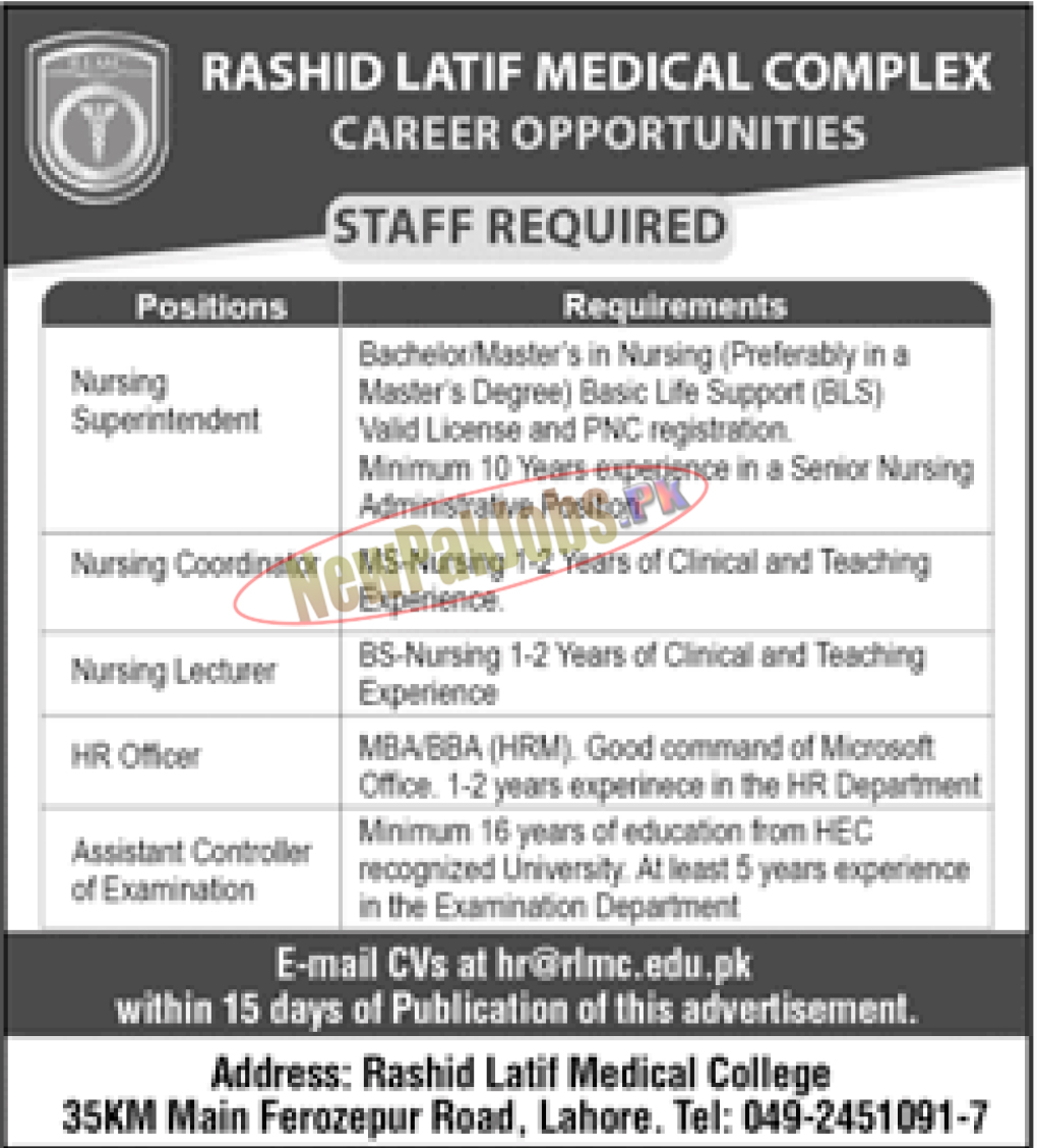 Rashid Latif Medical College RLMC Jobs September 2023