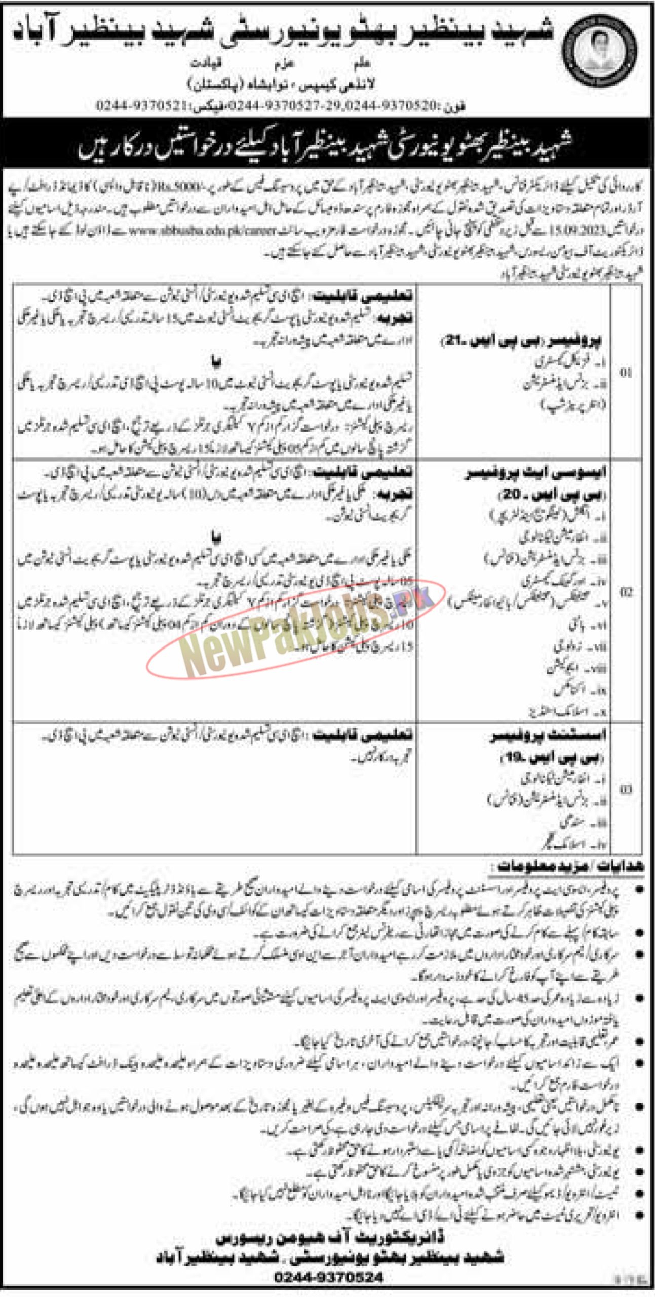 SBBU Shaheed Benazirabad Jobs 2023