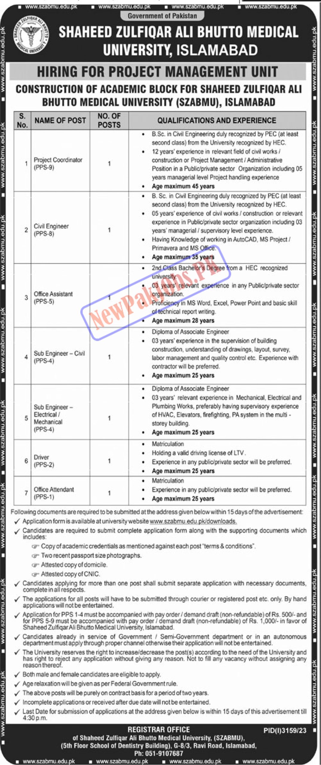 Shaheed Zulfiqar Ali Bhutto Medical University SZABMU Jobs December 2023