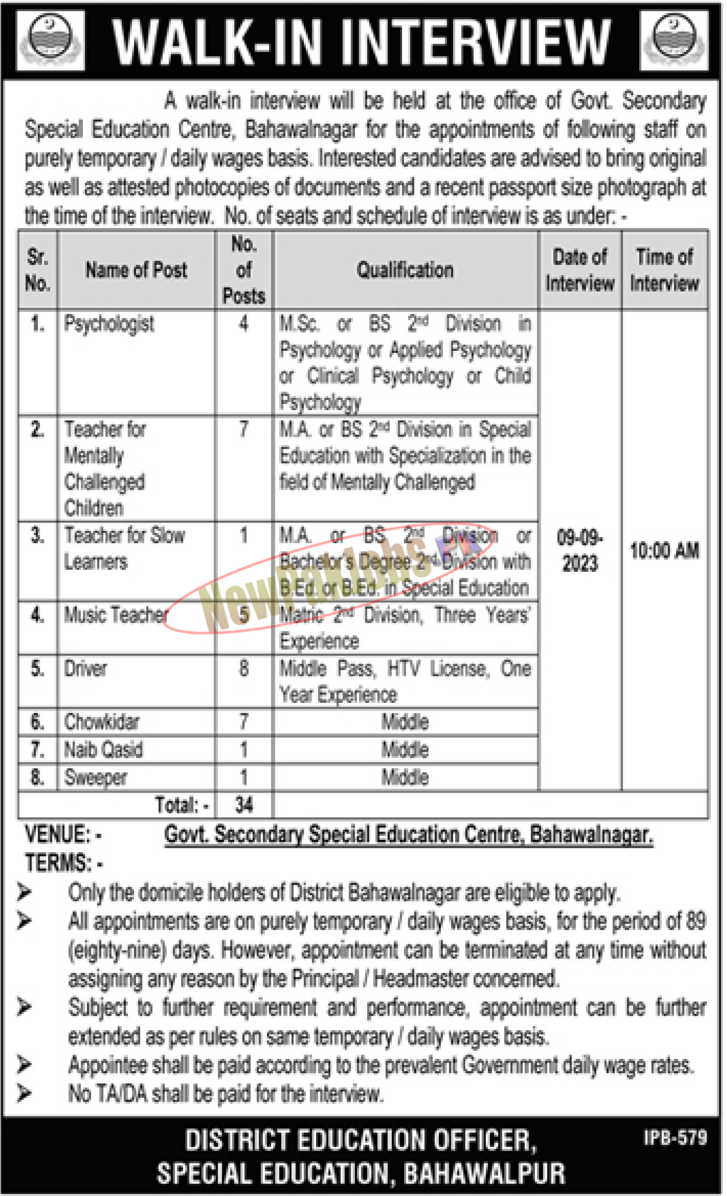 Special Education Department (SED) Bahawalpur Jobs 2023