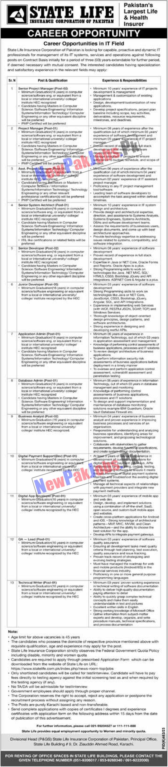 State Life Insurance Corporation Of Pakistan Jobs 2023