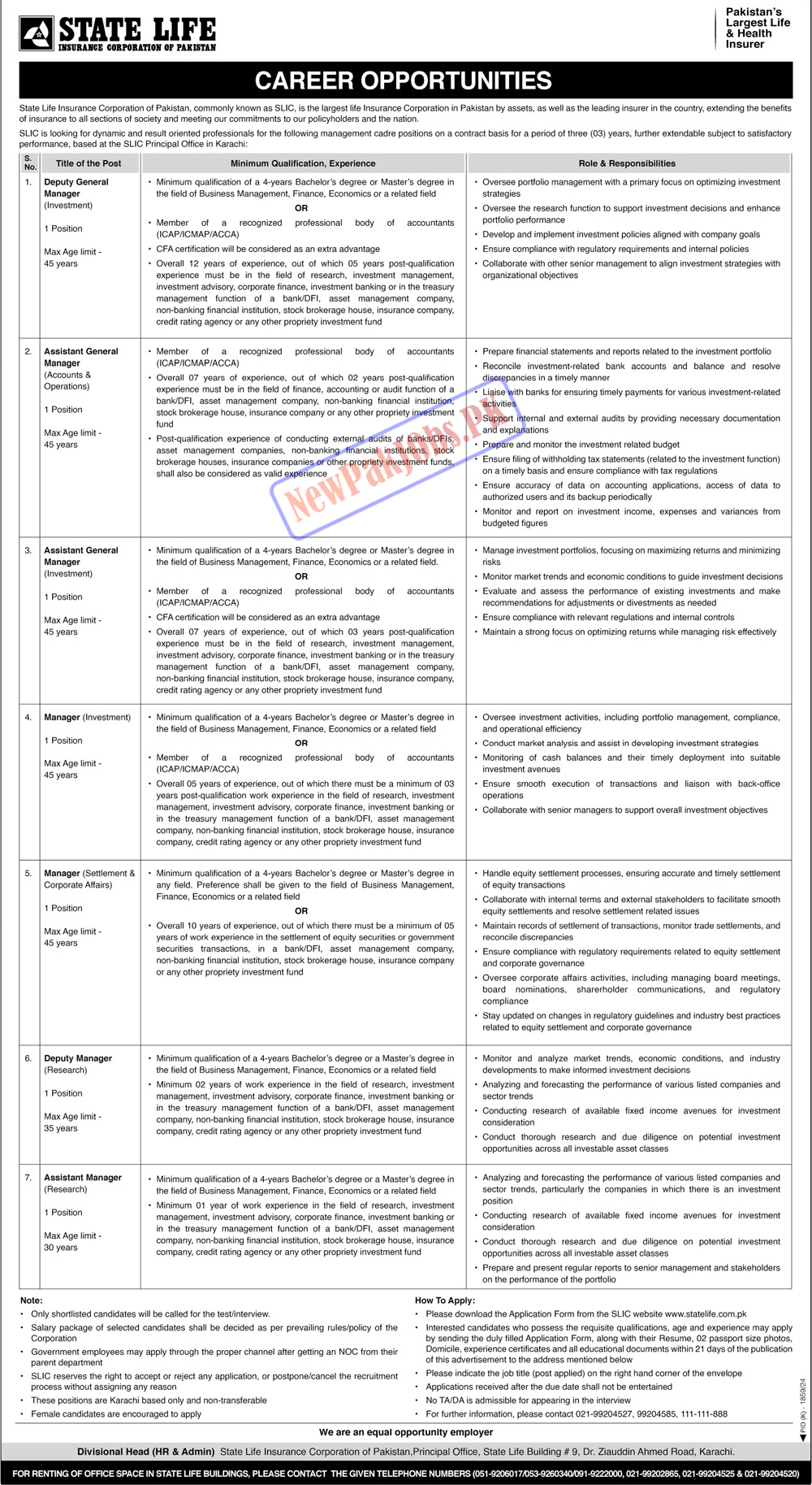 State Life Insurance Corporation Of Pakistan Jobs 2025 - www.statelife.com.pk