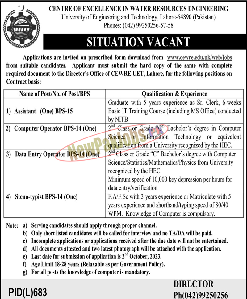 UET Lahore Jobs 2023 for CEWRE