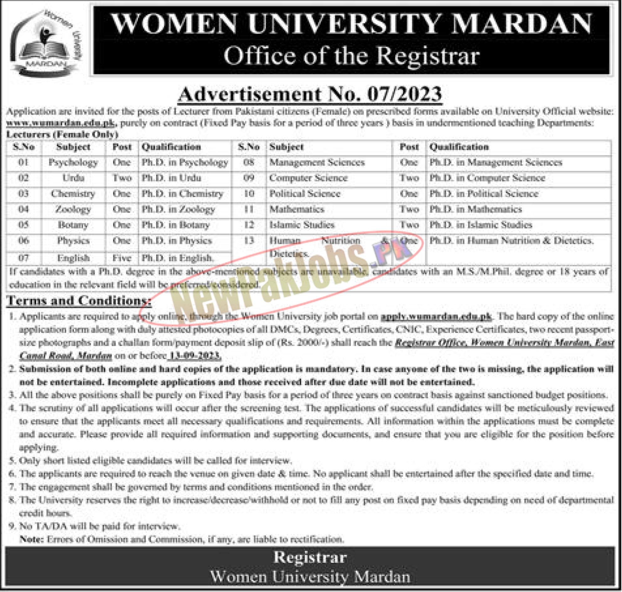 Women University Mardan Jobs Sep 2023 Check Eligibility Criteria