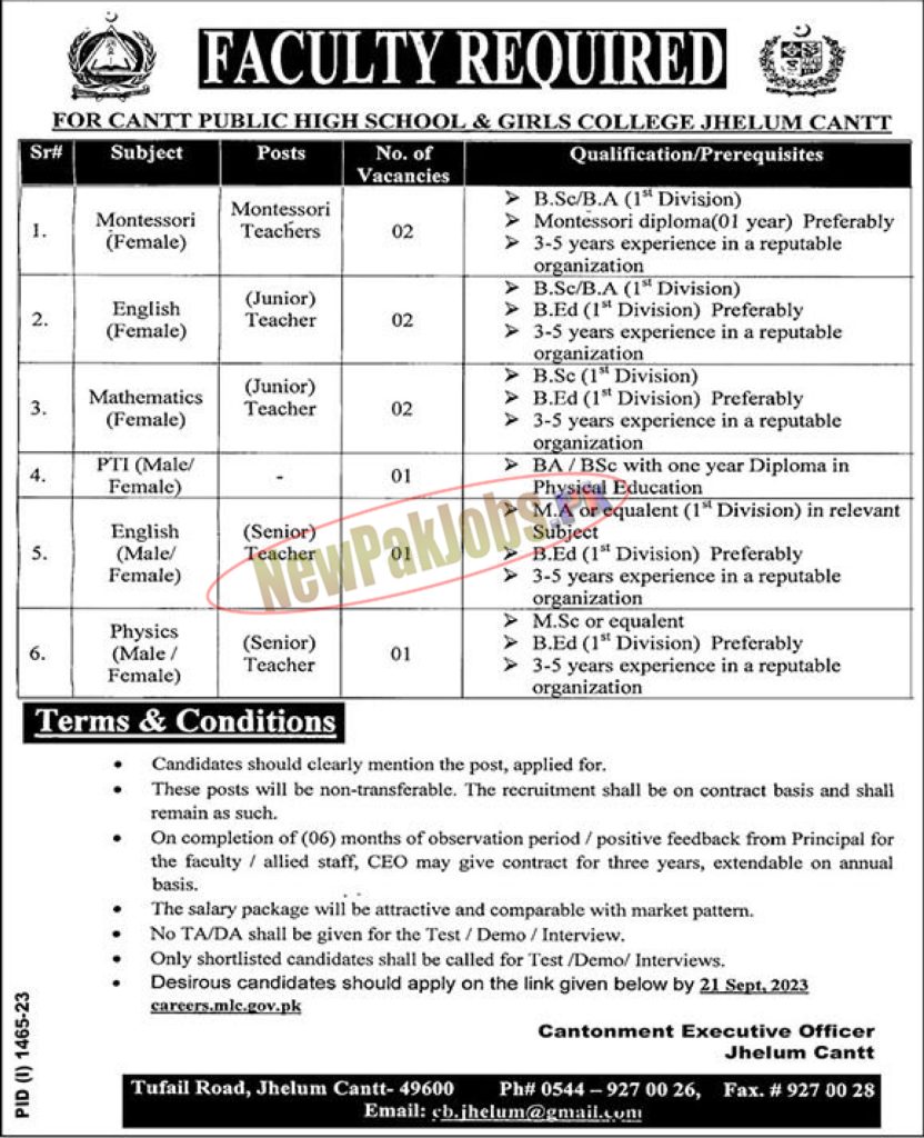 Cantt Public High School And Girls College Jhelum Cantt Jobs 2023 