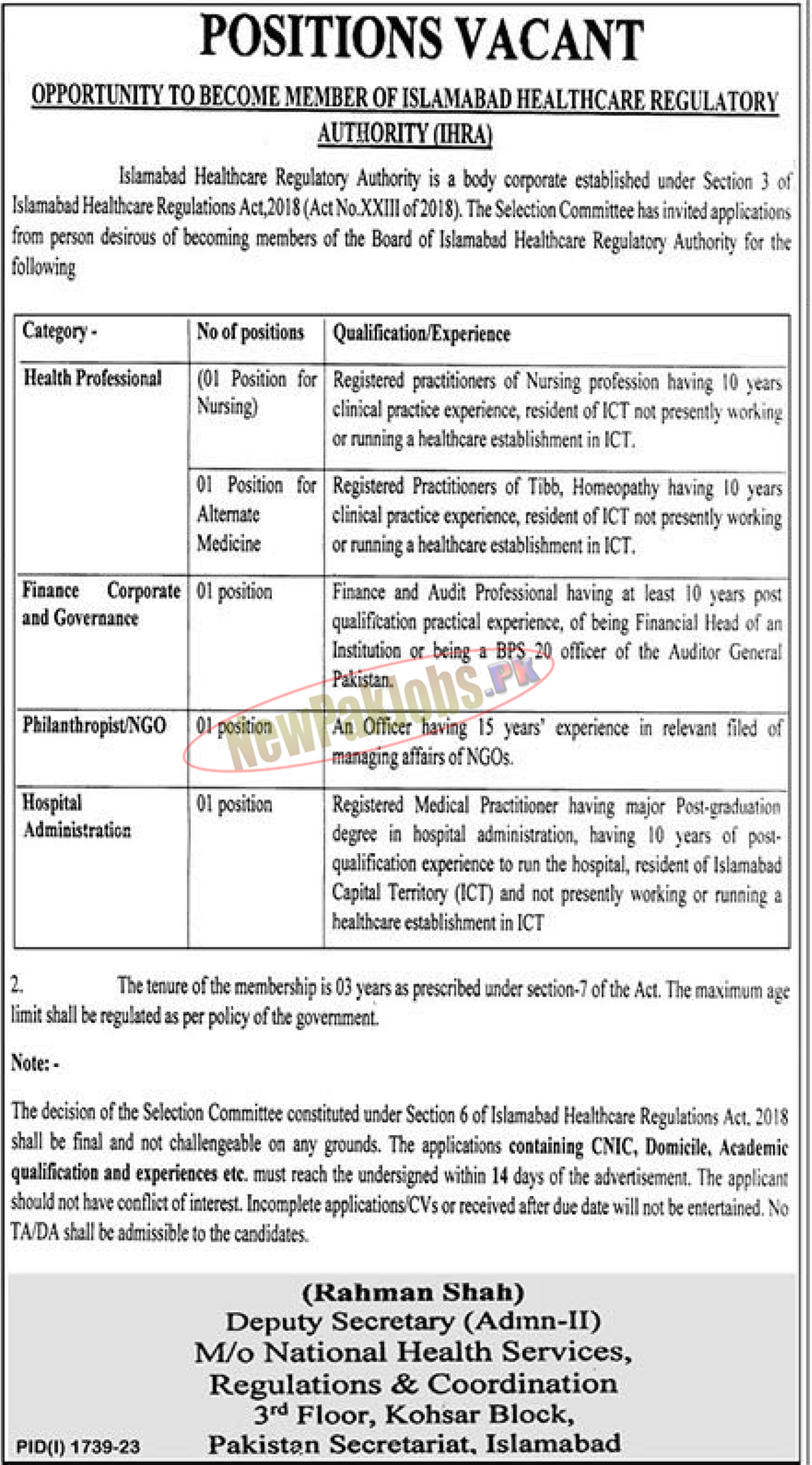 Islamabad Healthcare Regulatory Authority (IHRA) Jobs 2023