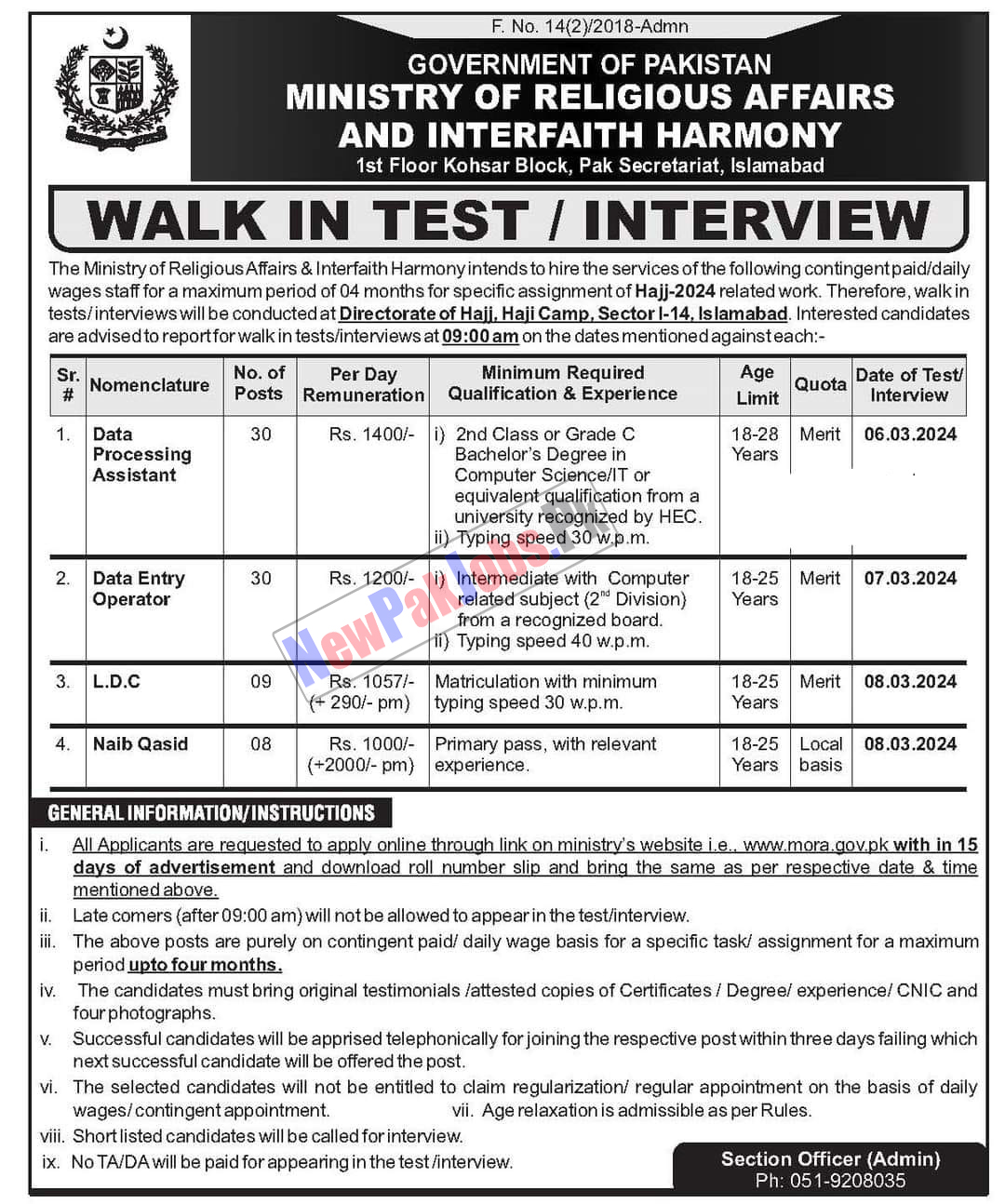 Ministry of Religious Affairs & Interfaith Harmony Jobs 2024 - Online Apply