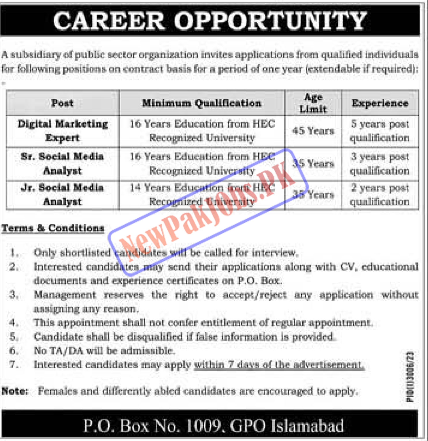 PO Box 1009 Islamabad Jobs 2023 Public Sector Organization Jobs