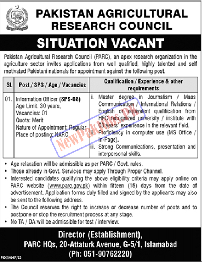 Pakistan Agricultural Research Council PARC Jobs 2024 www.parc.gov.pk Online Apply