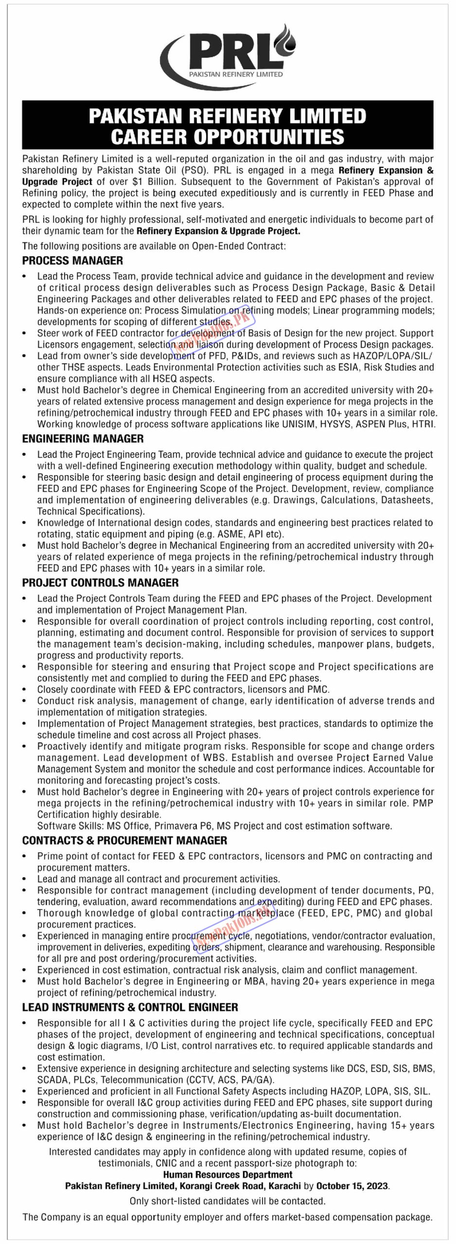 Pakistan Refinery Limited PRL Latest Career Opportunity 2023