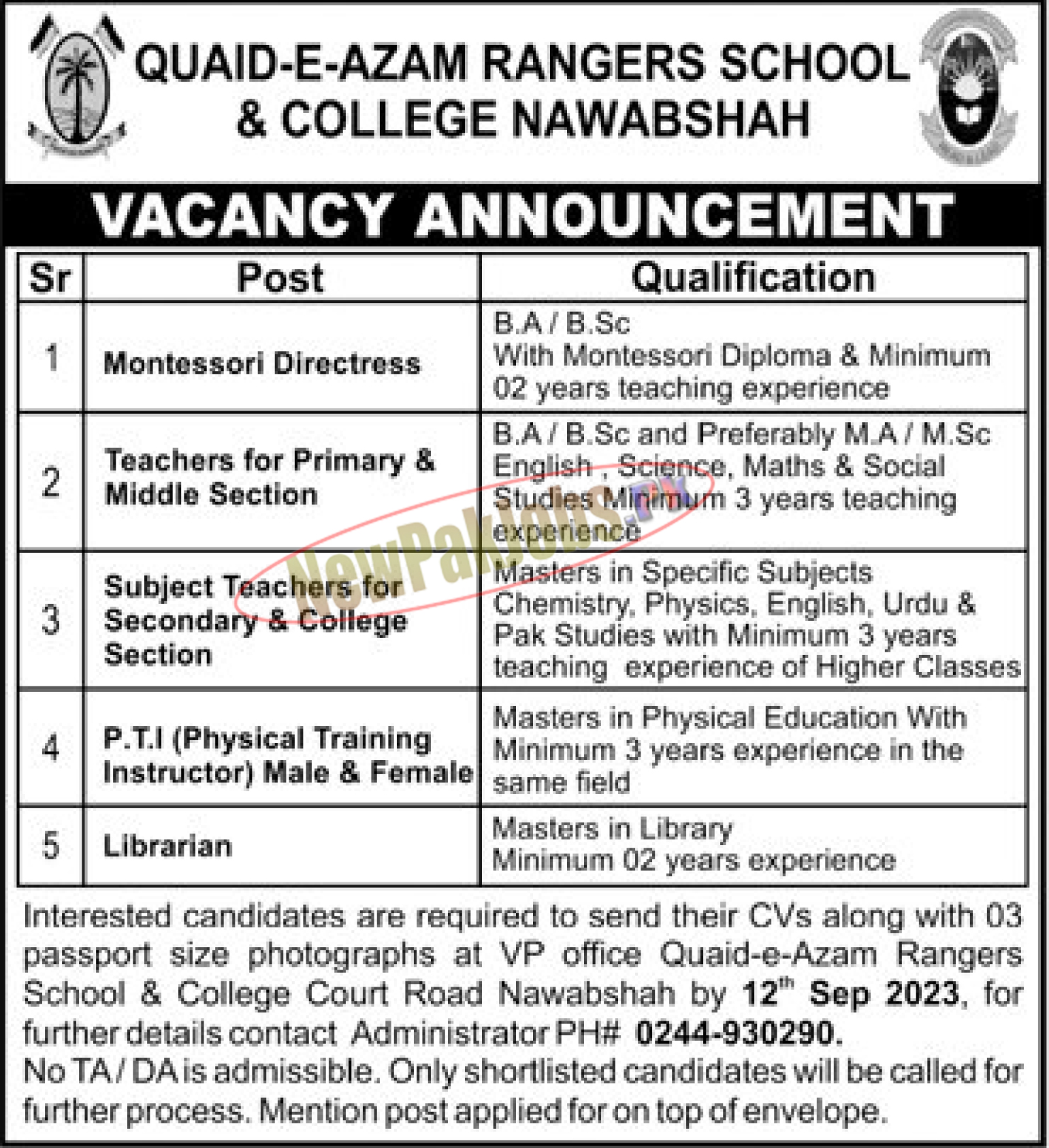 Quaid E Azam Rangers School & College Nawabshah QRSC Jobs 2023