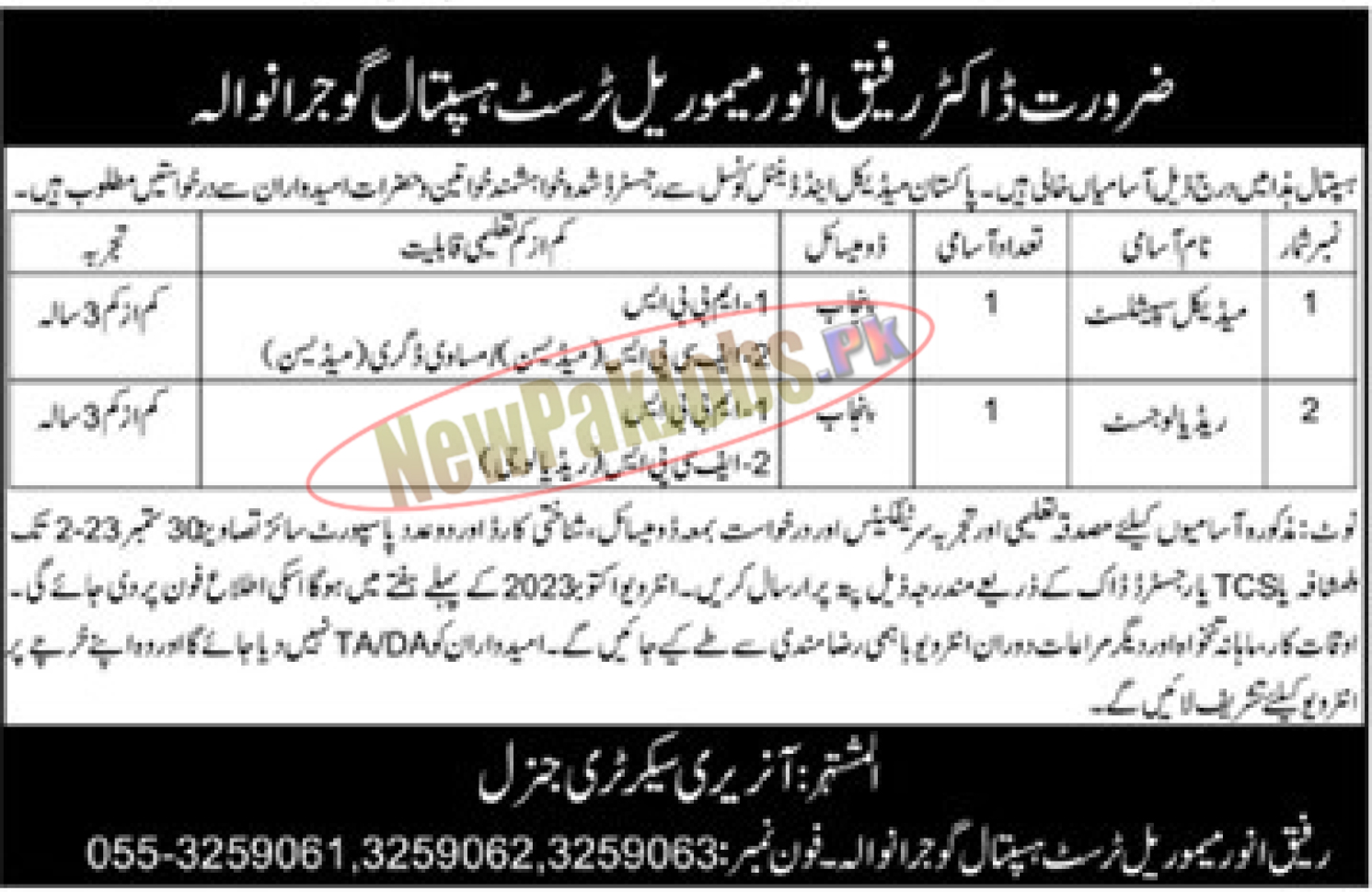 Rafiq Anwar Memorial Trust Hospital Gujranwala Jobs 2023