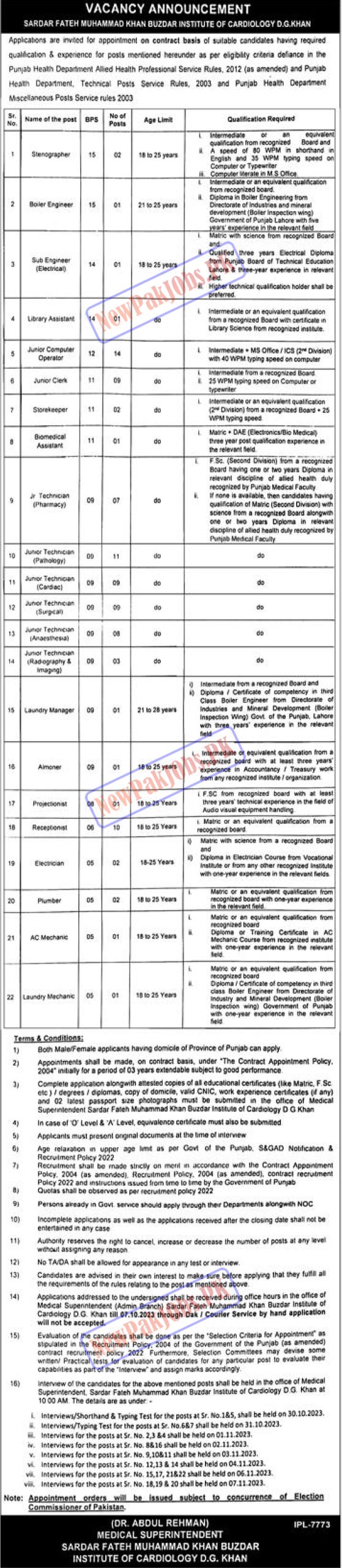 SFMKB Institute of Cardiology DG Khan Jobs 2023