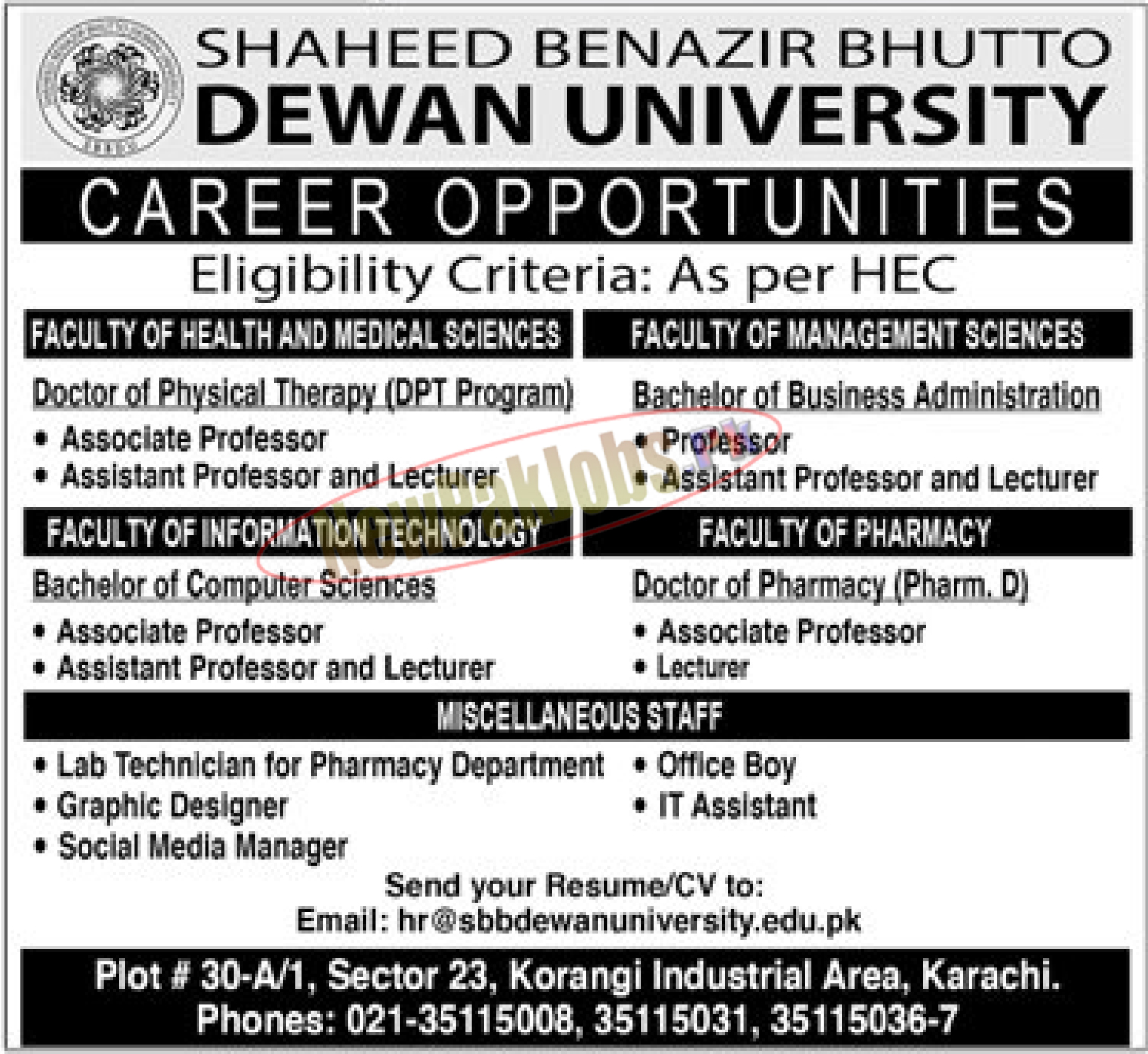 Shaheed Benazir Bhutto SBB Dewan University Jobs 2023