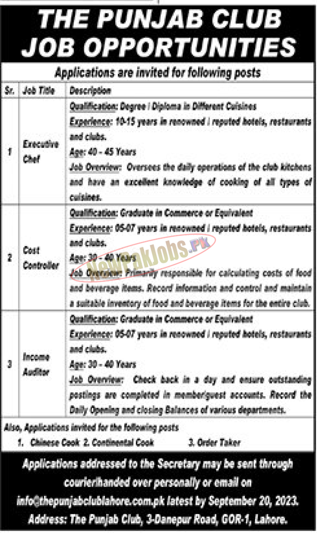 The Punjab Club Lahore Jobs 2023