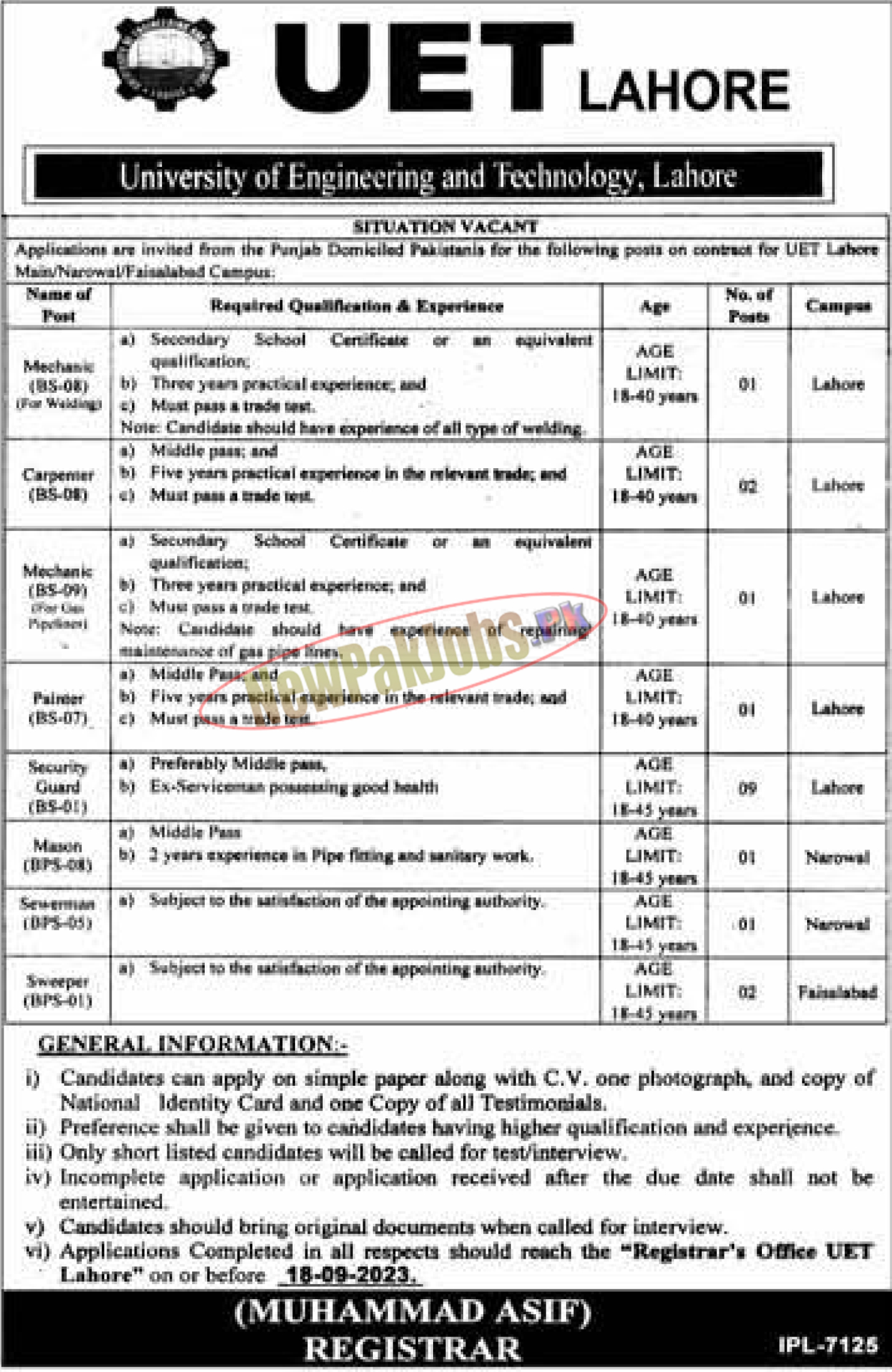 UET Lahore Jobs September 2023