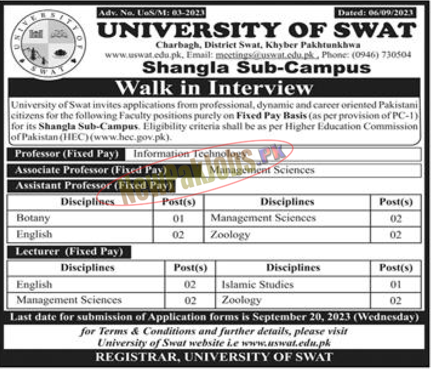 University of Swat UOS Jobs 2023