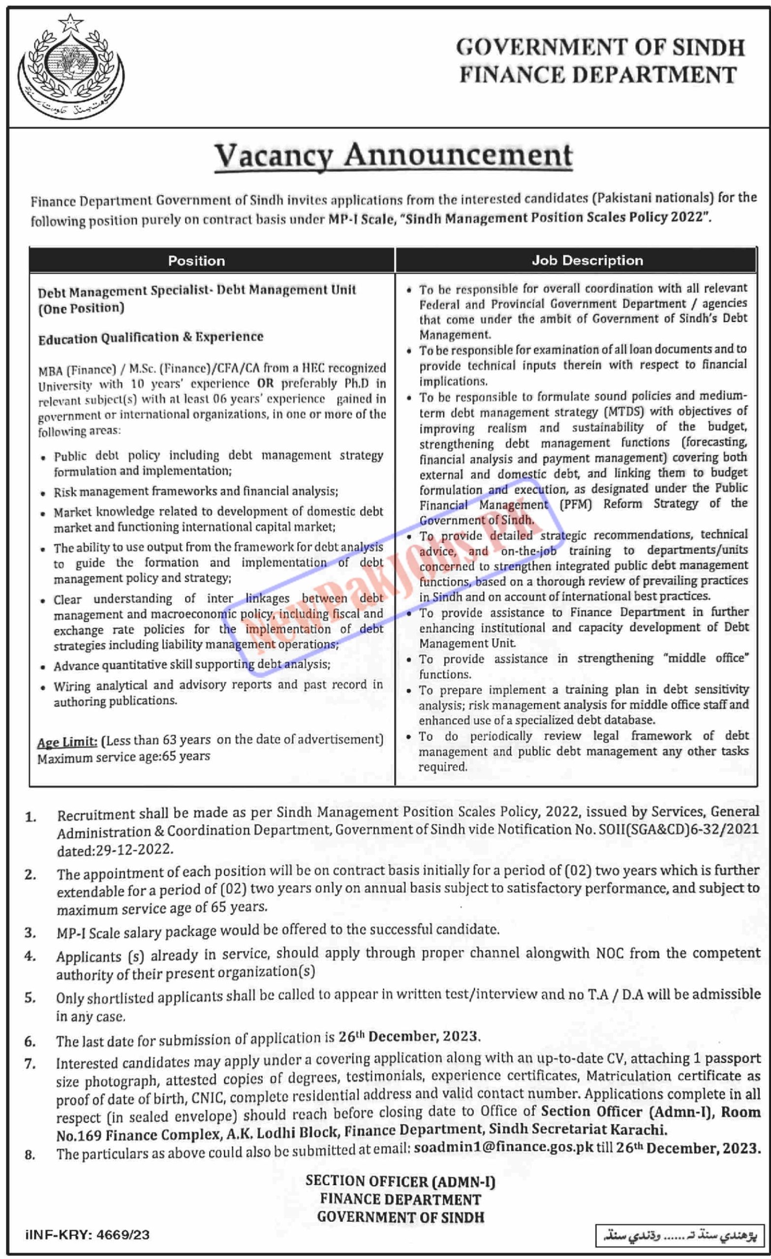 Finance Department Sindh Jobs December 2023