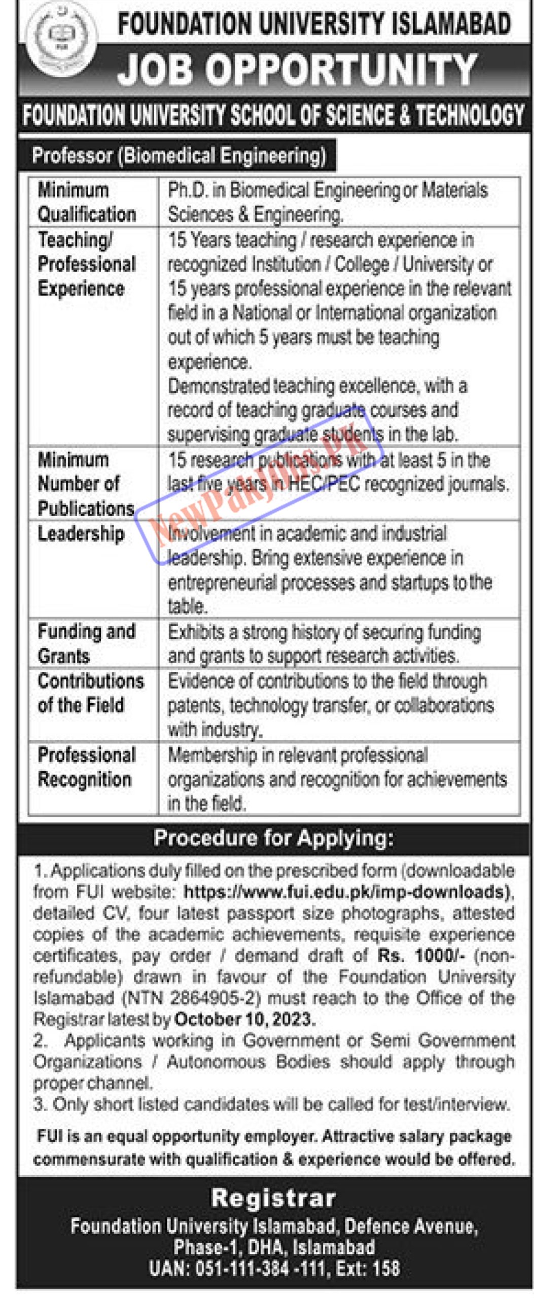 Foundation University Islamabad FUI Jobs 2023