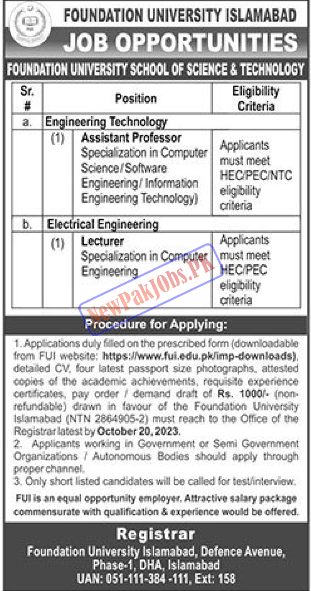 Foundation University Islamabad FUI Jobs October 2023- Apply Online