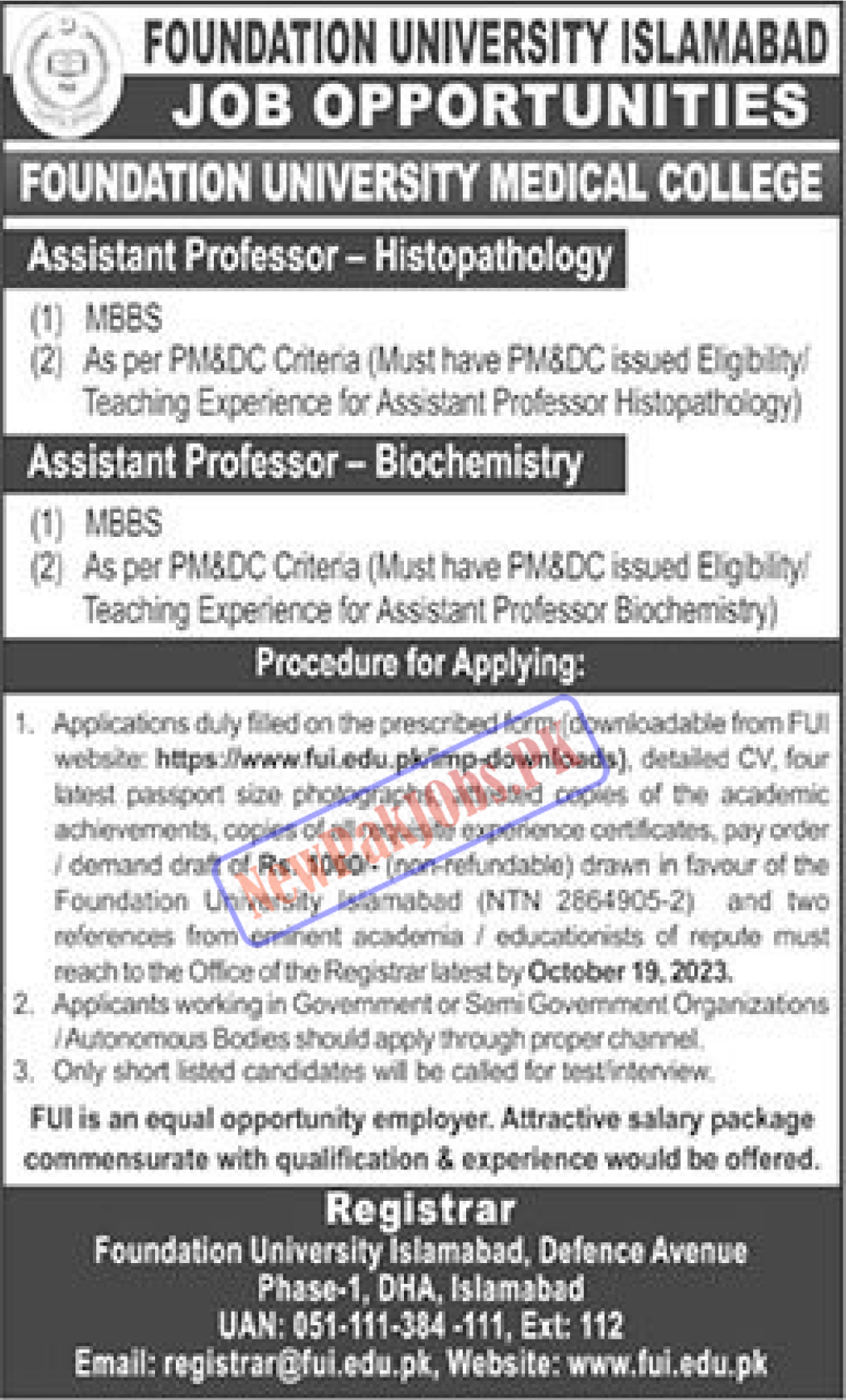 Foundation University Islamabad FUI Jobs October 2023