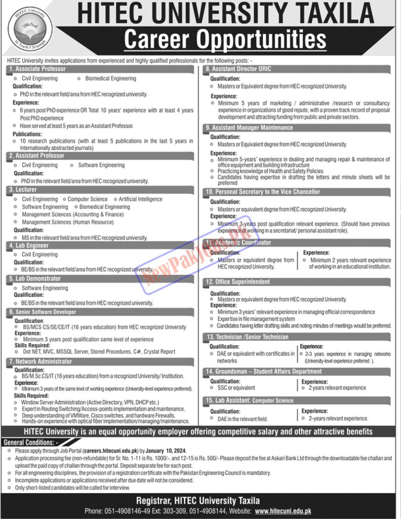 HITEC University Taxila Jobs 2024 Online Registration