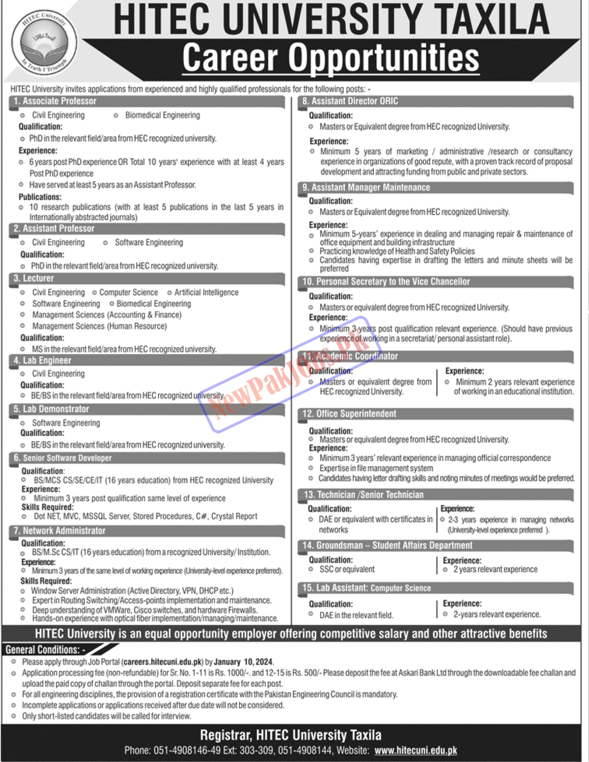 HITEC University Taxila Jobs 2024 Online Registration