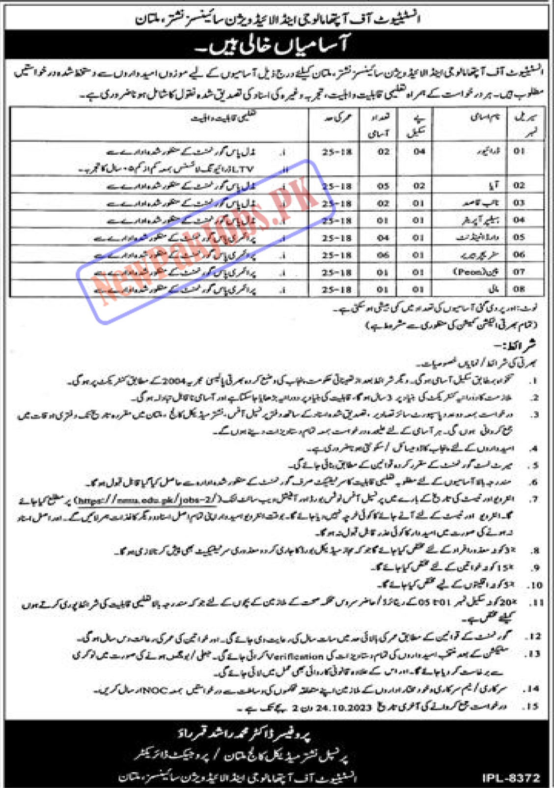 Institute of Ophthalmology & Allied Vision Sciences Nishtar Multan Jobs 2023