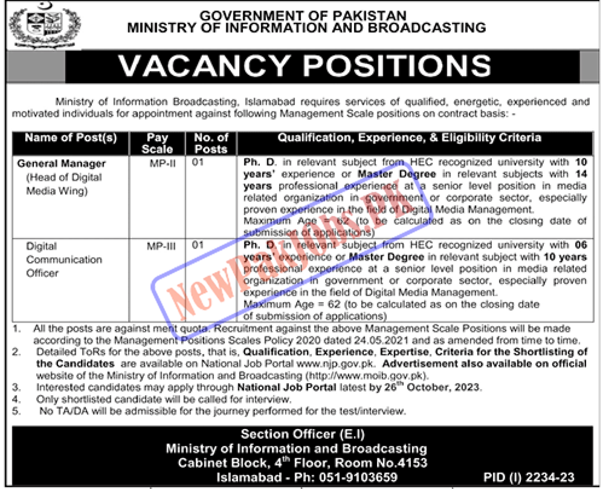 Ministry of Information and Broadcasting MOIB Jobs 2023 - Apply Online via NJP