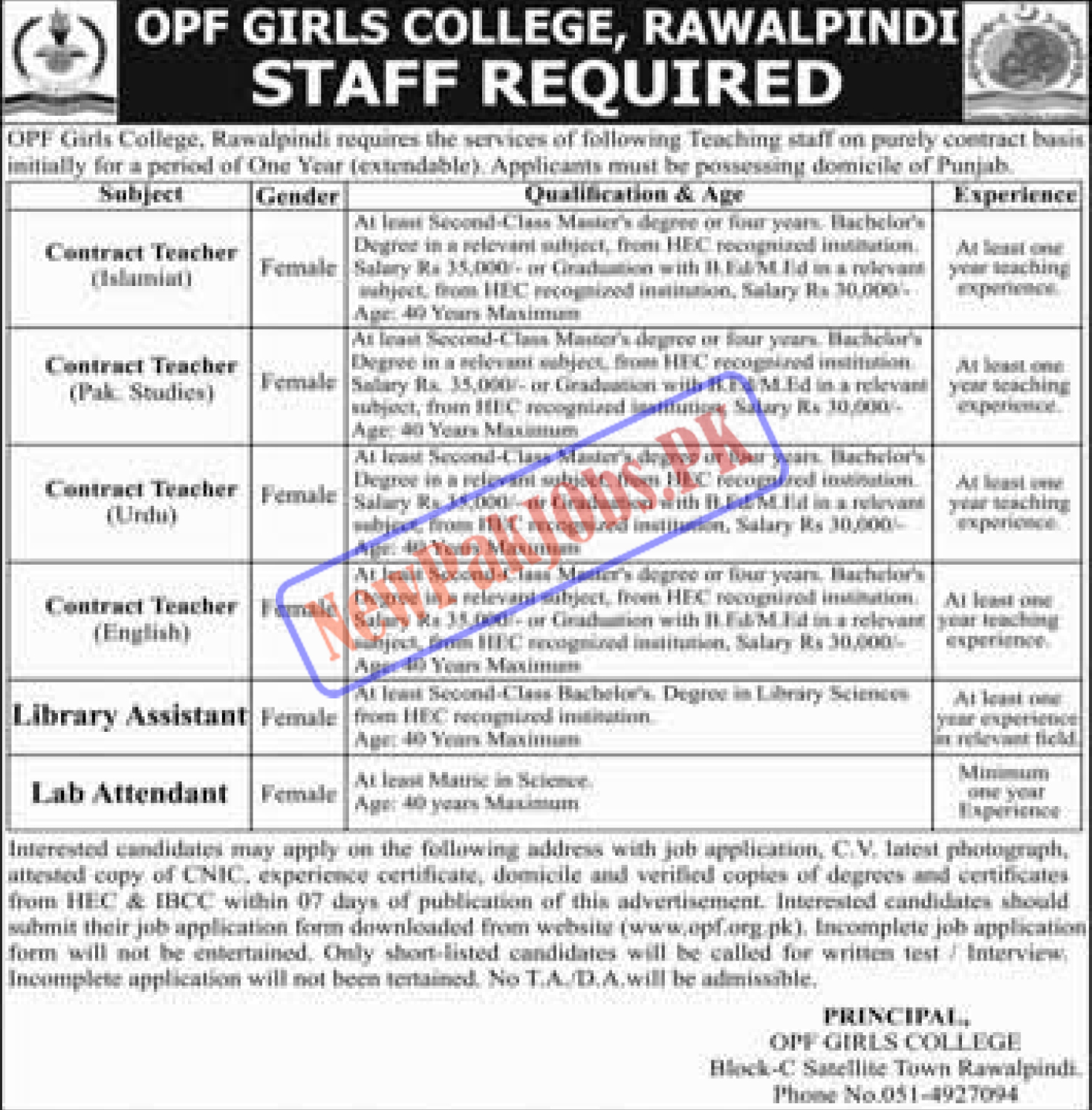 OPF Girls College Rawalpindi Jobs 2023